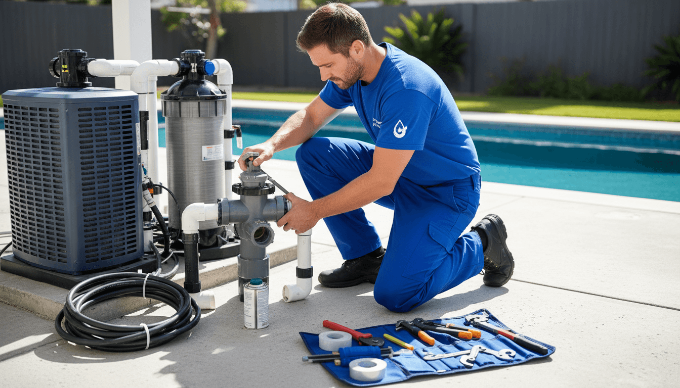 Professional plumber installing pool equipment